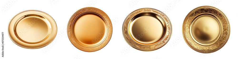 Collection set of golden plates isolated on transparent background Collection set of golden plates isolated on transparent background