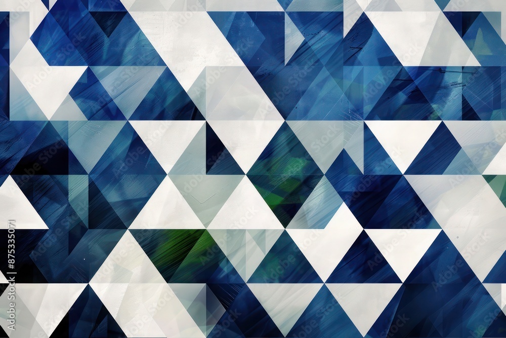 A geometric mural of overlapping triangles in shades of deep blue and white, with hints of green peeking through. The design creates a sense of depth A geometric mural of overlapping triangles in shades of deep blue and white, with hints of green peeking through. The design creates a sense of depth