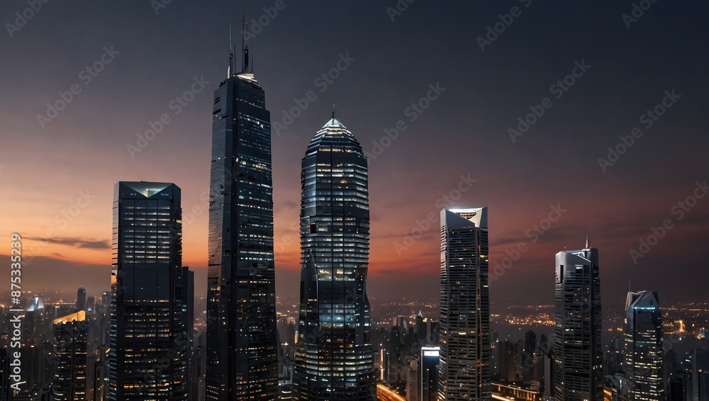 Obraz premium The heart of a metropolis cloaked in perpetual twilight, sleek skyscrapers glisten with the promise of tomorrow's technology ai_generated