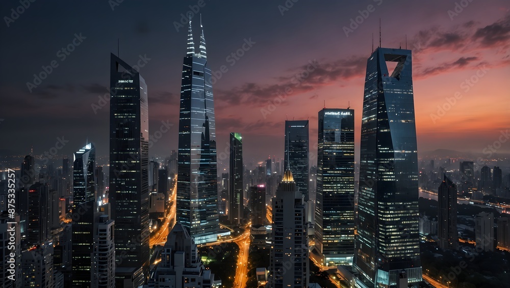 Obraz premium The heart of a metropolis cloaked in perpetual twilight, sleek skyscrapers glisten with the promise of tomorrow's technology ai_generated