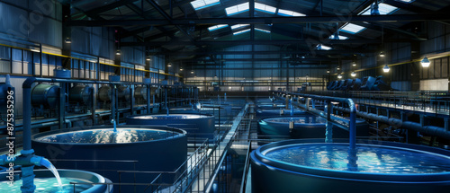 A vast industrial facility with large vats of water under bright lighting, showcasing a clean and organized environment for water treatment.