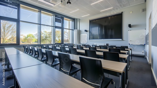 Modern university classroom interior with empty chairs, large windows, and projector screen