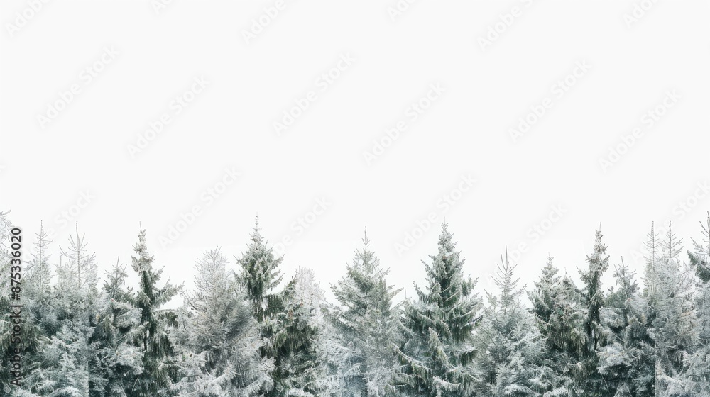 White sky with spruce treetops in a horizontal view White sky with spruce treetops in a horizontal view