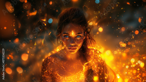 Ethereal Woman with Third Eye in Mystical Fiery Glow Portrait