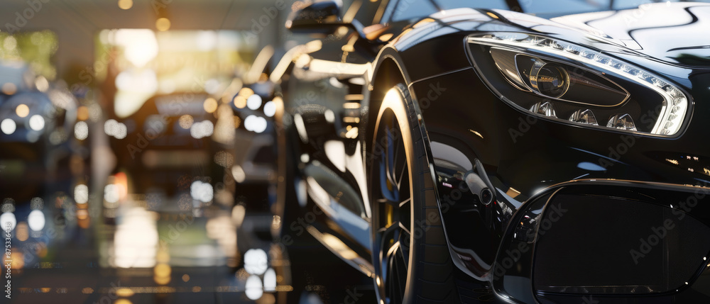 The front view of a luxury black sports car shines under showroom lights, showcasing its sleek and stylish design. The front view of a luxury black sports car shines under showroom lights, showcasing its sleek and stylish design.