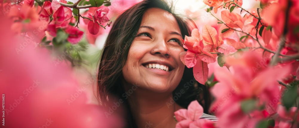 Fototapeta premium A joyful woman smiles amidst a sea of vibrant pink flowers, capturing a moment of bliss and connection with nature.