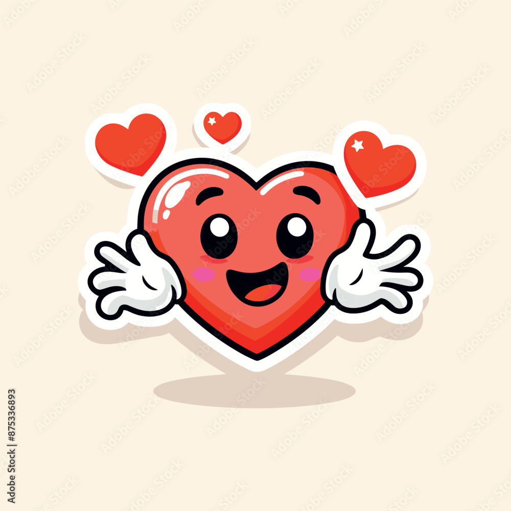 Fototapeta premium Lovely hearts stickers love concept happy valentines day funky happy heart character in trendy retro