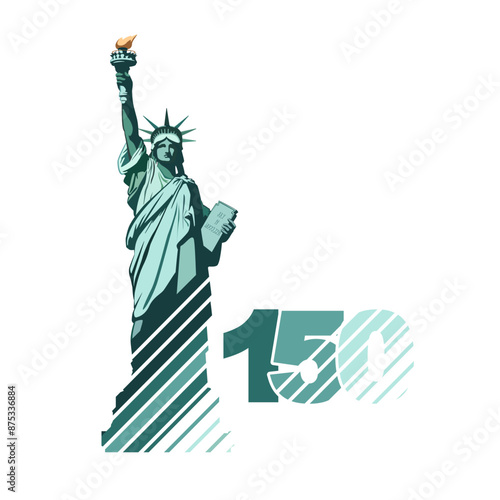 Statue of Liberty monument, poster, 150 years. July 4, USA Independence Day. Green flat design, stripes, background. Holiday, welcome to America, USA. New York symbol, liberty. Vector illustration