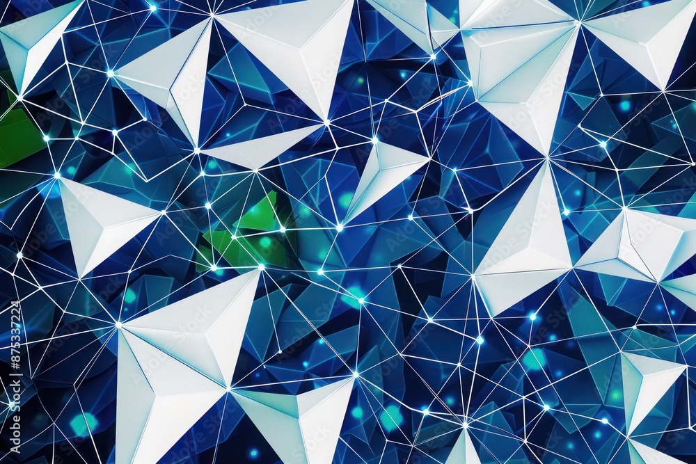 custom made wallpaper toronto digitalA lattice-like design where triangles in deep blue and white form a complex web, with pops of green and cyan adding depth and interest to the intersections, suggesting a network of connections.