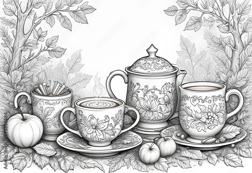 Fototapeta premium Romantic autumn afternoon tea coloring page