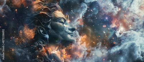 A majestic stone statue of a serene deity set against a backdrop of swirling, colorful cosmic clouds, embodying tranquility and divinity.