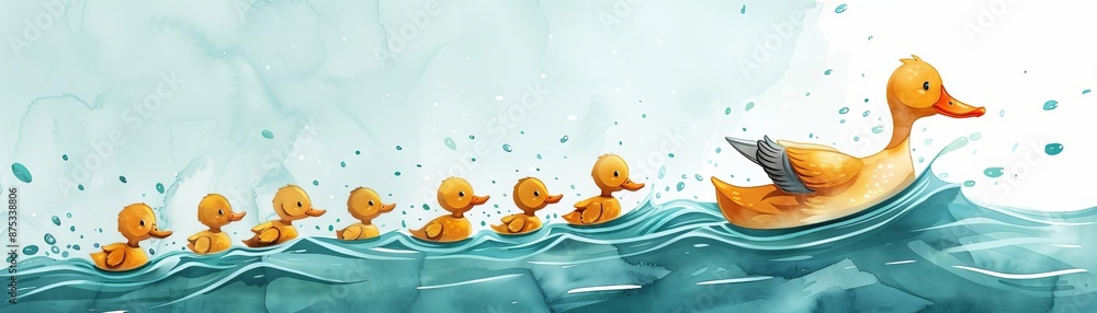 Naklejka premium A mother duck leading her ducklings, showing care, pond setting, bright and lively, watercolor style