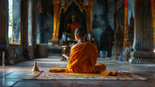 a young monk sitting with his back turned and reading a Dhamma book.generative ai