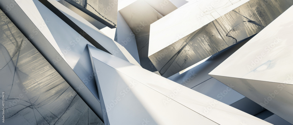 Fototapeta premium Abstract geometric design with interlocking metallic shapes and shadows.