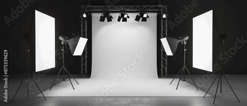 A professional photography studio setup with softbox lights illuminating a central backdrop, ready for a photoshoot session. photo