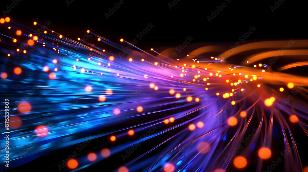Abstract depiction of glowing fiber optic cables. Digital image of glowing neon vibrant color light path with dark background. Technology and communication concept for design and wallpaper. AIG53F. Abstract depiction of glowing fiber optic cables. Digital image of glowing neon vibrant color light path with dark background. Technology and communication concept for design and wallpaper. AIG53F.