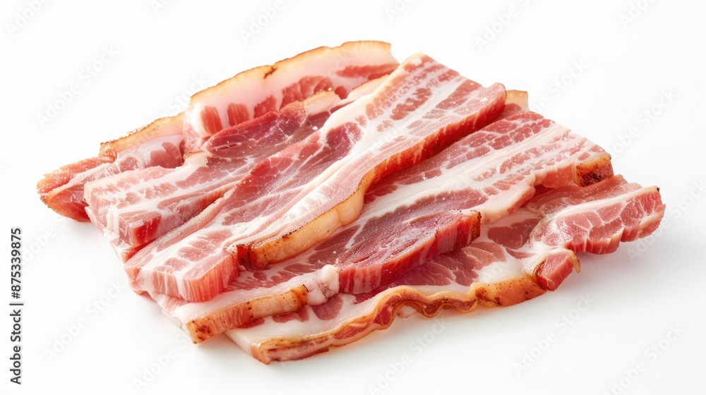 Fresh, uncooked bacon slices stacked on a white background offering a high-quality view of raw meat with vibrant marbling and texture. Fresh, uncooked bacon slices stacked on a white background offering a high-quality view of raw meat with vibrant marbling and texture.