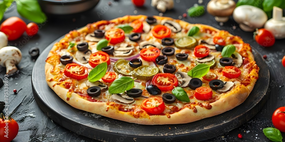 Vegetarian Pizza Topped with Tomato, Pickles, Mushrooms, Olives, and Meat-Free Options. Concept Vegetarian, Pizza Toppings, Tomato, Pickles, Mushrooms, Olives, Meat-Free Options Vegetarian Pizza Topped with Tomato, Pickles, Mushrooms, Olives, and Meat-Free Options. Concept Vegetarian, Pizza Toppings, Tomato, Pickles, Mushrooms, Olives, Meat-Free Options