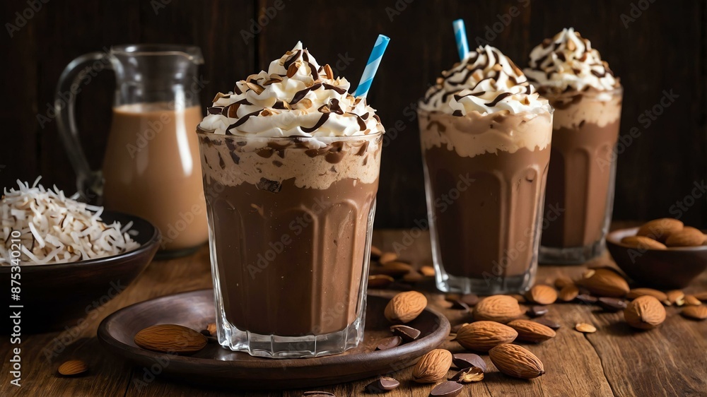 almond joy frapp coffee frapp with coconut syrup choc served aesthetically in a tall glass and wooden table almond joy frapp coffee frapp with coconut syrup choc served aesthetically in a tall glass and wooden table