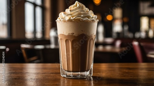 irish cream frapp coffee frapp with irish cream lique served aesthetically in a tall glass and wooden table photo