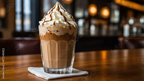 hazelnut frapp coffee frapp with hazelnut syrup or li served aesthetically in a tall glass and wooden table photo