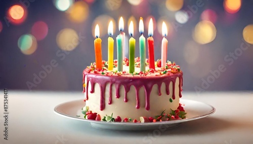 Colored birthday cake with candles on the blured background 