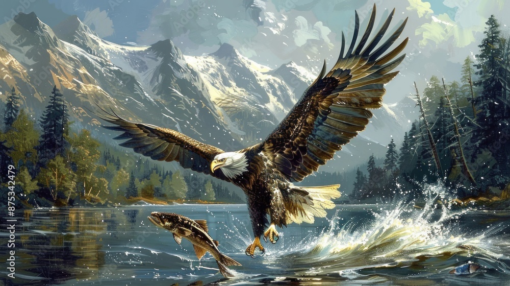 Majestic Bald Eagle Catching Fish in Mountainous Landscape Majestic Bald Eagle Catching Fish in Mountainous Landscape