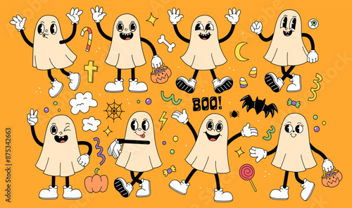 Set with ghosts in a cartoon retro groove style in different poses. Vector halloween character illustration in retro style.