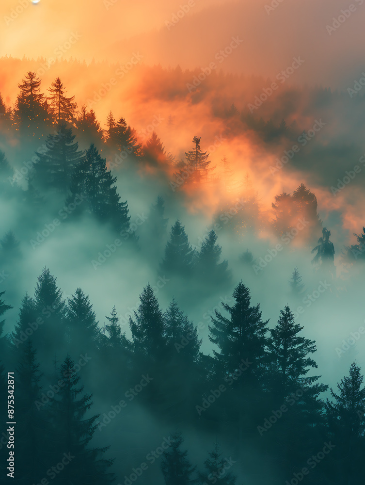 Fototapeta premium Mist Landscape Beautiful scene, forest and mountain, the morning fog at sunrise