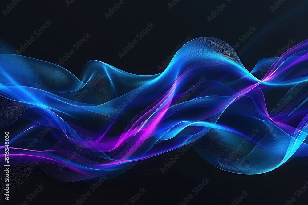 A sleek design of neon blue and purple waves flowing across a black background, resembling the northern lights with a modern twist. The waves undulate with a smooth, luminous grace. A sleek design of neon blue and purple waves flowing across a black background, resembling the northern lights with a modern twist. The waves undulate with a smooth, luminous grace.