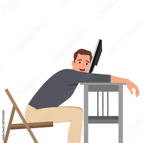 Burnout. Professional burnout syndrome. Tired man manager with low energy working on computer. Flat vector illustration isolated on white background
