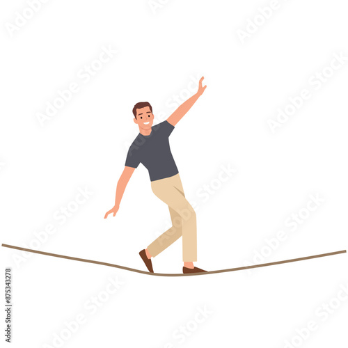 Businessman walking on balancing slackline rope. Flat vector illustration isolated on white background