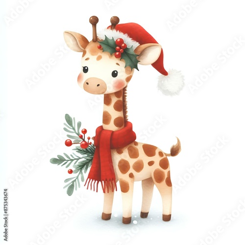 Watercolor painting of  giraffe christmas theme on​​ white background