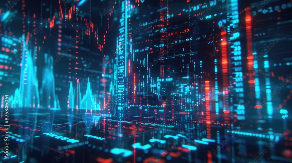 Futuristic digital data visualization with neon blue and red lights, showcasing modern technology and abstract information flow. Futuristic digital data visualization with neon blue and red lights, showcasing modern technology and abstract information flow.