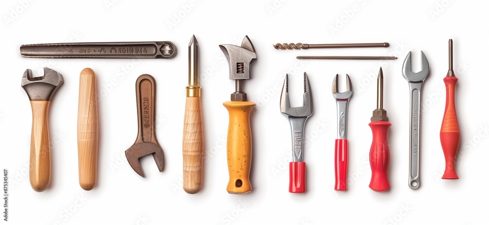 A collection of various tools, including pliers and wrenches, arranged neatly on a white background. A collection of various tools, including pliers and wrenches, arranged neatly on a white background.