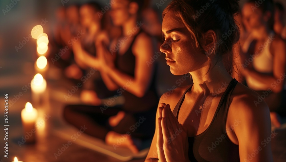 A group of people in a yoga class, with their hands clasped together and eyes closed in meditation. A group of people in a yoga class, with their hands clasped together and eyes closed in meditation.