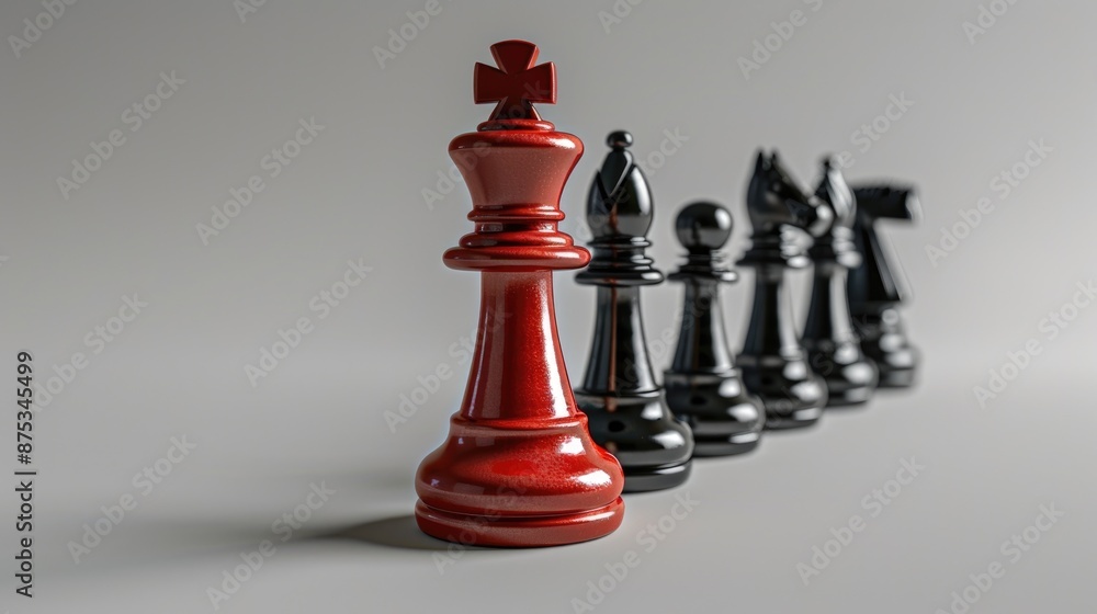 Red chess piece is the only one on the board. The other pieces are black. Concept of loneliness and isolation, as the red piece stands alone among the other pieces Red chess piece is the only one on the board. The other pieces are black. Concept of loneliness and isolation, as the red piece stands alone among the other pieces