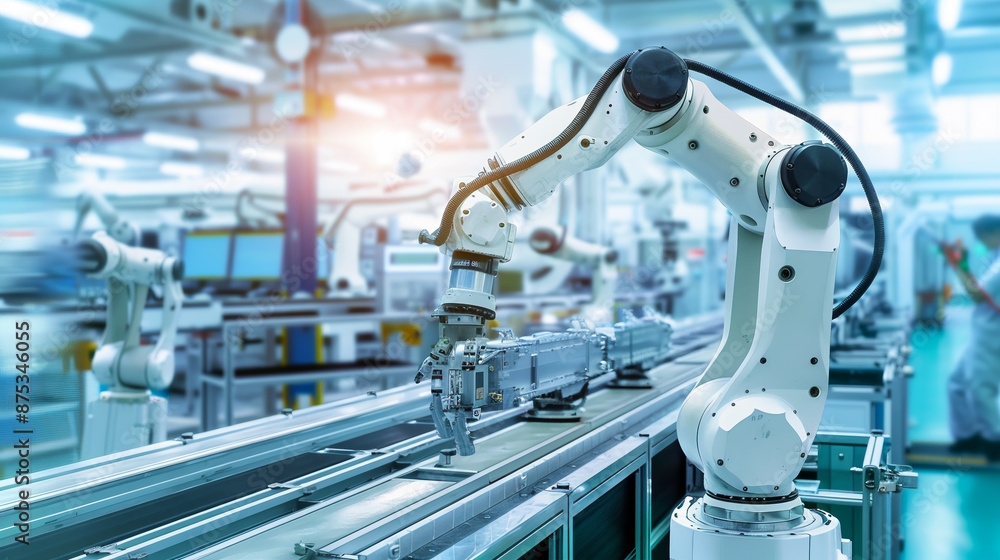 A robot is working on a conveyor belt in a factory A robot is working on a conveyor belt in a factory