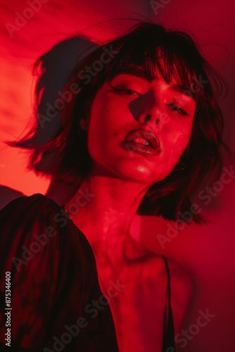 Portrait of a Woman in Intense Red Lighting. avant-garde fashion