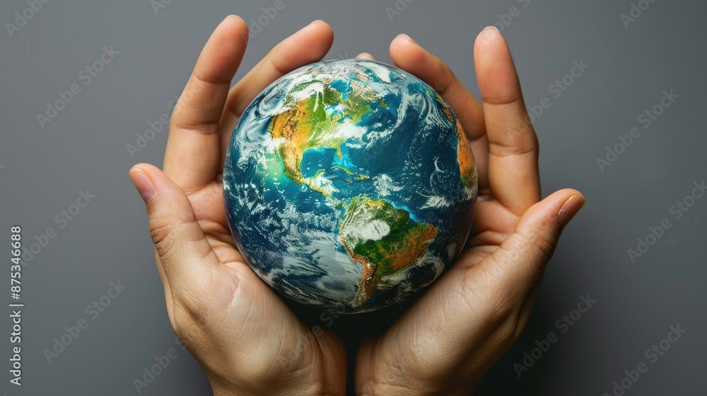 Close-up hands encircling the planet, representing global environmental efforts, on gray background. Close-up hands encircling the planet, representing global environmental efforts, on gray background.