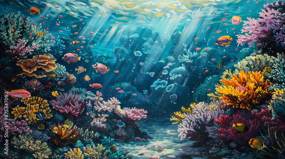Naklejka premium A painting of a coral reef with many fish swimming around