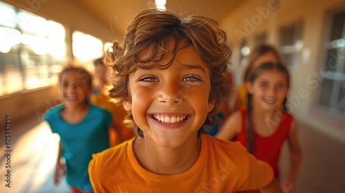 Diverse Group of Kids Joyfully Racing Through School Corridor © Andrii 