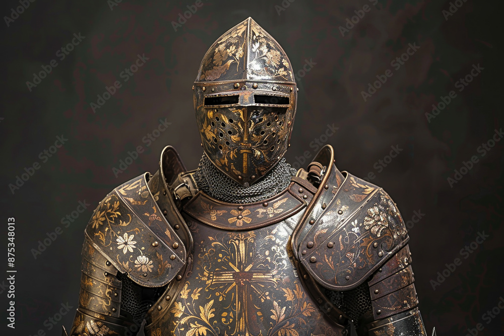 A knight in full armor stands in front of a wall A knight in full armor stands in front of a wall