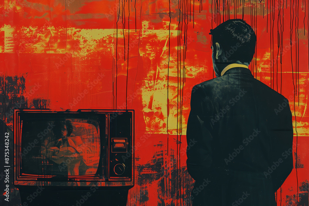 A man is standing in front of a television that is turned off A man is standing in front of a television that is turned off