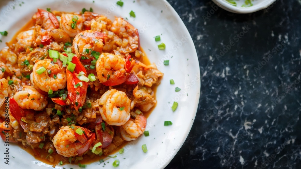 Jambalaya, a hearty, flavorful rice dish with shrimp and smoked sausages of American cuisine. Jambalaya, a hearty, flavorful rice dish with shrimp and smoked sausages of American cuisine.