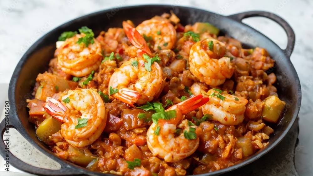 Jambalaya, a hearty, flavorful rice dish with shrimp and smoked sausages of American cuisine. Jambalaya, a hearty, flavorful rice dish with shrimp and smoked sausages of American cuisine.