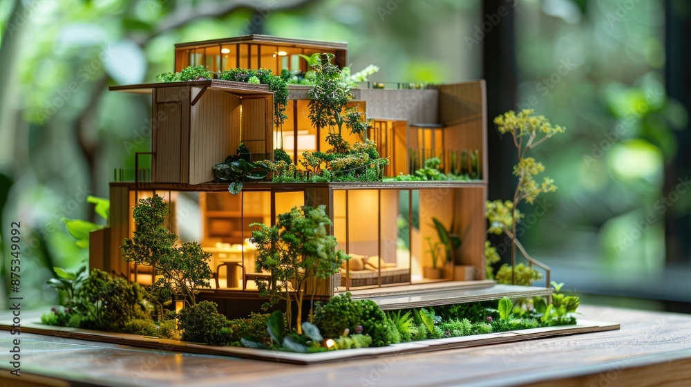 Paper architecture model of a sustainable home surrounded by greenery. Paper architecture model of a sustainable home surrounded by greenery.