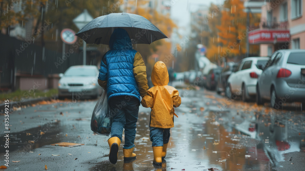 the street raining two brothers one brother is walking without an umbrella in his hand carrying a lawn that covers his younger brother,generative ai the street raining two brothers one brother is walking without an umbrella in his hand carrying a lawn that covers his younger brother,generative ai