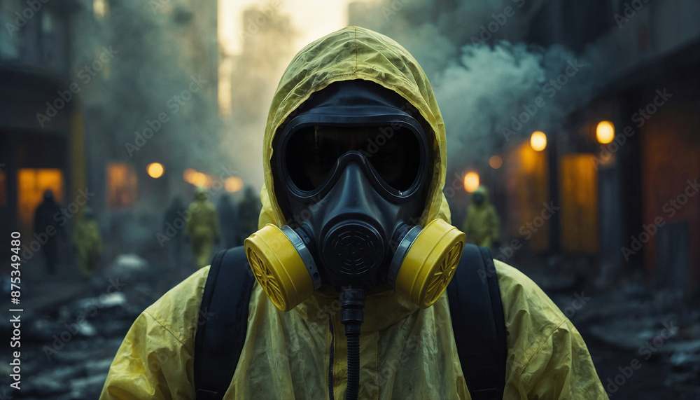 Man in Yellow Hazmat Suit and Gas Mask in Post-Apocalyptic Setting Man in Yellow Hazmat Suit and Gas Mask in Post-Apocalyptic Setting