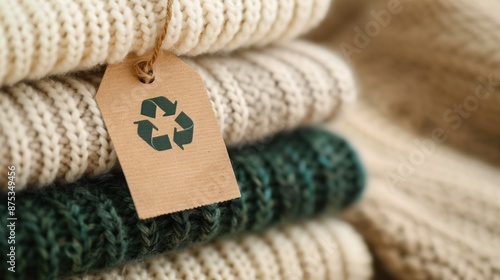 Recycled symbol tag on a stack of white and green sweaters.